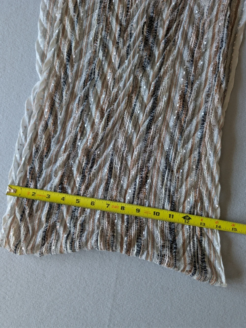Metallic Multi-Tone Chevron Pleat Infinity Scarf Beige Brown & Silver Knit Sheer
